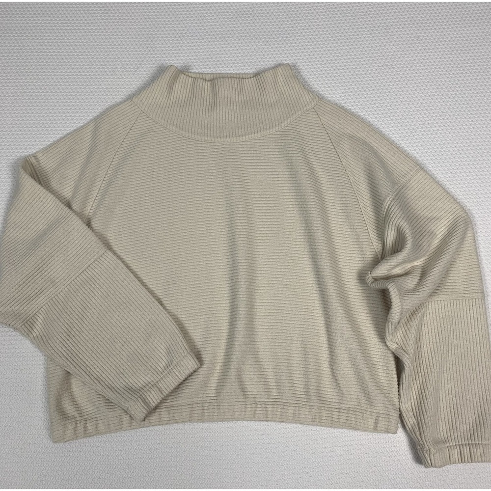 prAna Olivia Cowl Neck Cropped Pullover Womens Medium Cream Brushed Rib Knit Top